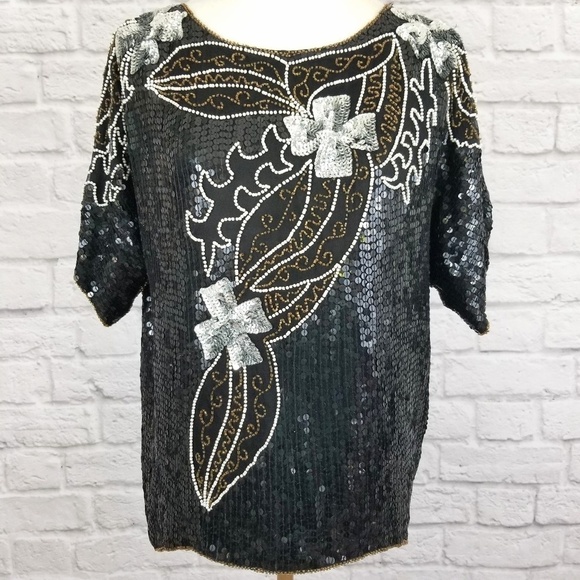 Joseph Le Bon vintage sequined beaded sparkle short sleeve top women's size M - Picture 5 of 8